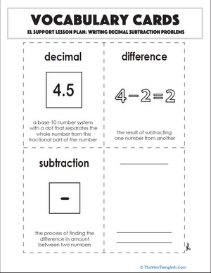 Vocabulary Cards: Writing Decimal Subtraction Problems