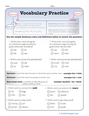 Vocabulary Practice: Alphabetizing, Synonyms, and More
