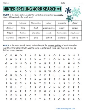 Winter Spelling Word Search #1