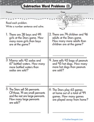 Wordy Word Problems: Subtraction #1