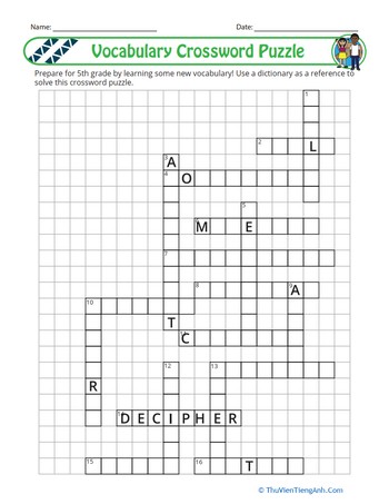 5th Grade Vocabulary Crossword Puzzle