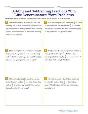 Adding and Subtracting Fractions With Like Denominators: Word Problems