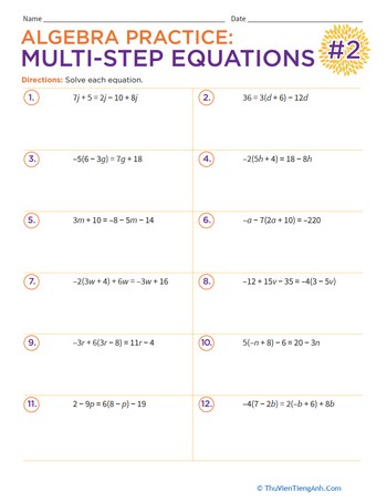 Algebra Practice: Multi-Step Equations #2