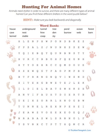 Animal Homes Word Search