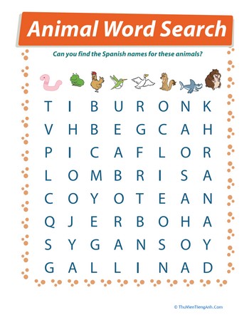 Spanish Animals Word Search