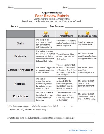 Argument Writing: Peer Review Rubric