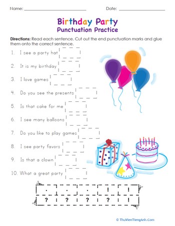 Birthday Party Punctuation Practice