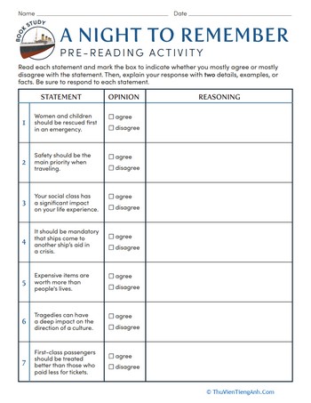 Book Study: A Night to Remember: Pre-Reading Activity