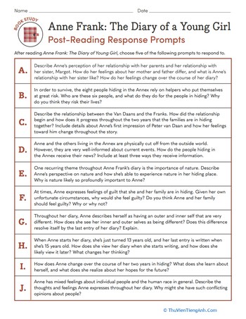 Book Study: Anne Frank: The Diary of a Young Girl: Post-Reading Response Prompts