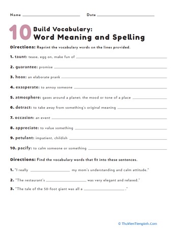 Build Vocabulary: Word Meaning and Spelling #10