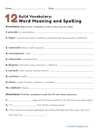 Build Vocabulary: Word Meaning and Spelling #12