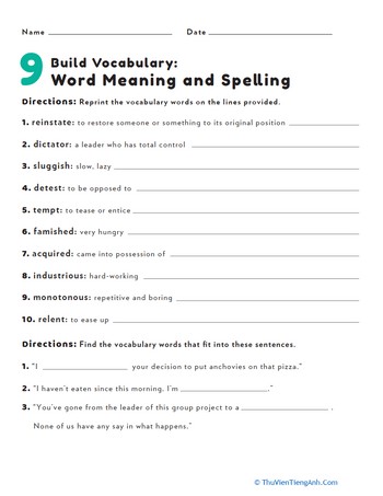 Build Vocabulary: Word Meaning and Spelling #9