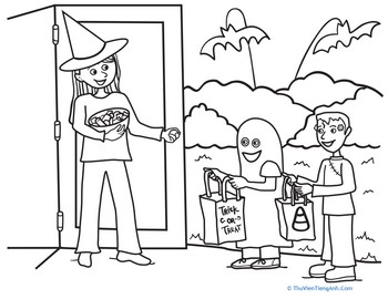 Color the Halloween Trick or Treat Scene