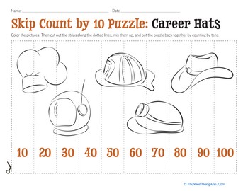 Skip Count by 10 Puzzle: Career Hats