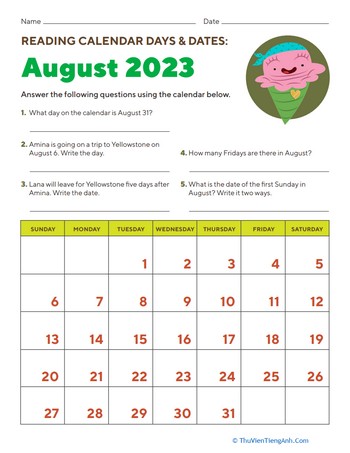 Reading Calendar Days and Dates: August 2023