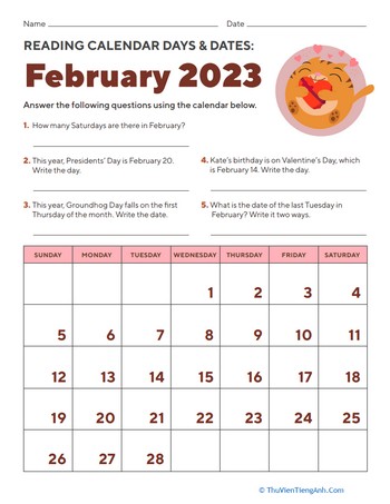 Reading Calendar Days and Dates: February 2023