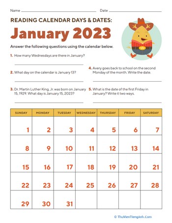 Reading Calendar Days and Dates: January 2023