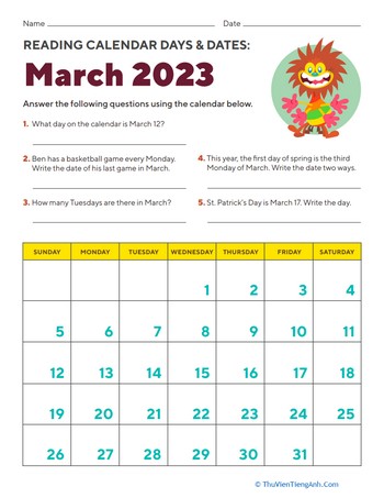 Reading Calendar Days and Dates: March 2023