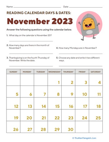 Reading Calendar Days and Dates: November 2023