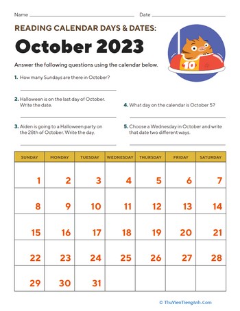 Reading Calendar Days and Dates: October 2023
