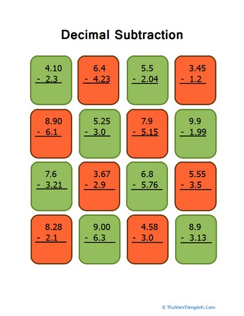 Decimal Subtraction Practice #2