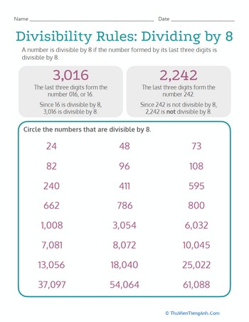 Divisibility Rules: Dividing by 8