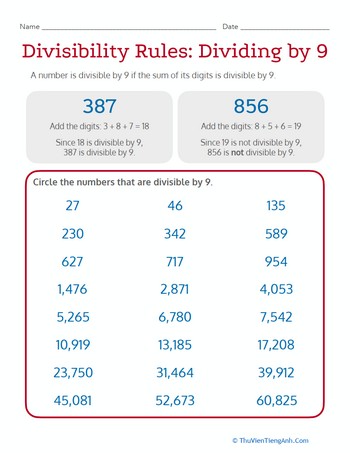 Divisibility Rules: Dividing by 9