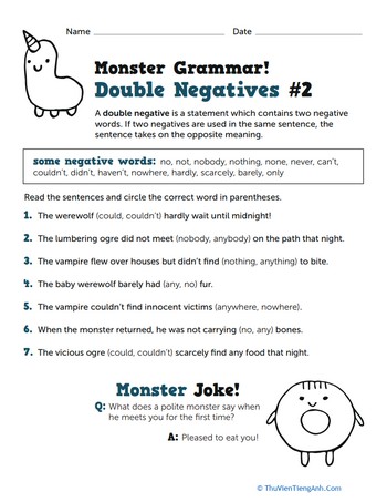 Monster Grammar! Double Negatives #2