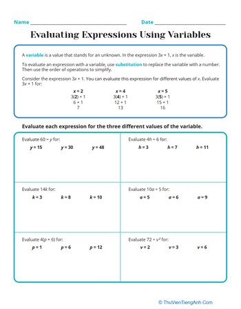 Evaluating Expressions Using Variables