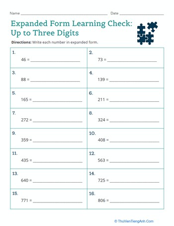 Expanded Form Learning Check: Up to Three Digits