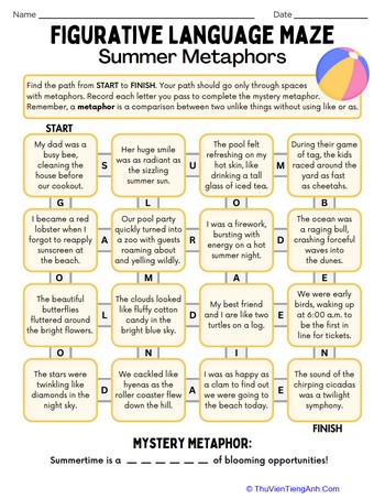Figurative Language Maze: Summer Metaphors