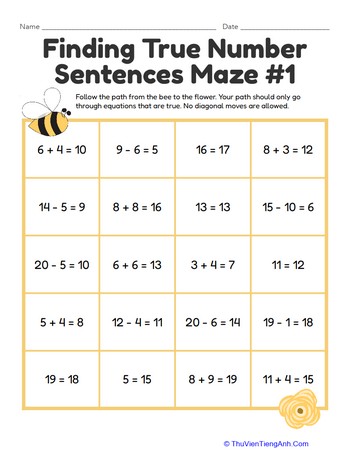 Finding True Number Sentences Maze #1