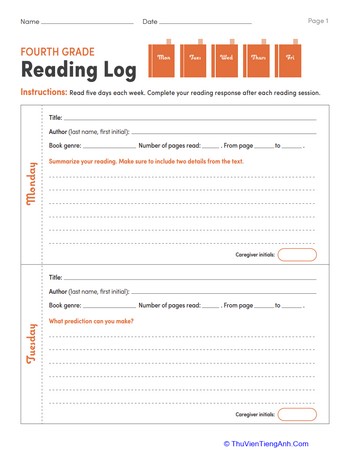 Fourth Grade Reading Log