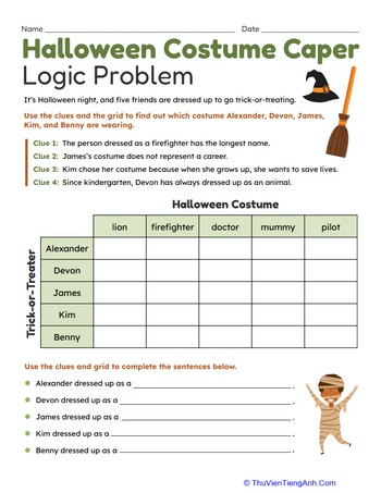 Halloween Costume Caper Logic Problem