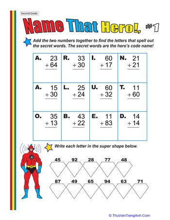 Name That Hero! Two-Digit Addition #1