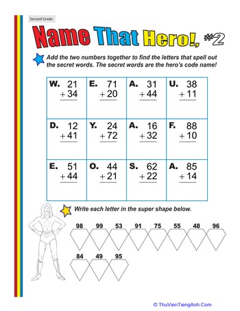 Name That Hero! Two-Digit Addition #2