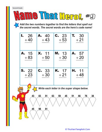 Name That Hero! Two-Digit Addition #9