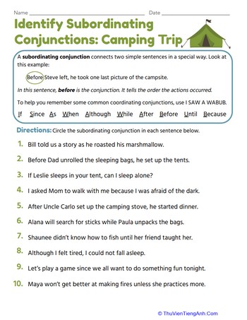 Identify Subordinating Conjunctions: Camping Trip