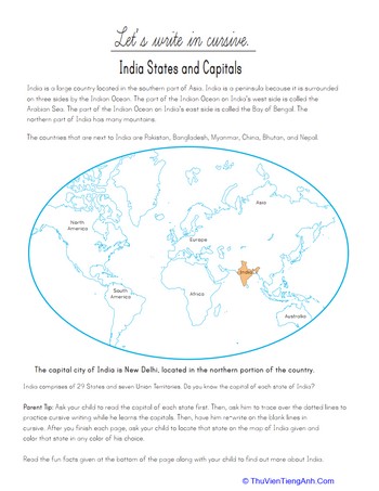 Let’s Write in Cursive: India States and Capitals