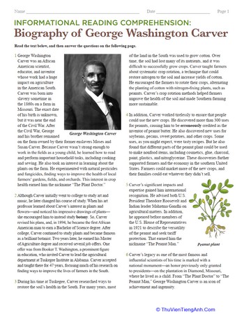 Informational Reading Comprehension: Biography of George Washington Carver
