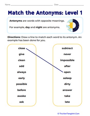 Match the Antonyms: Level 1
