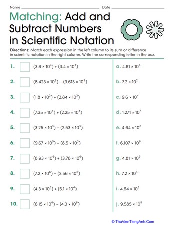 Matching: Add and Subtract Numbers in Scientific Notation