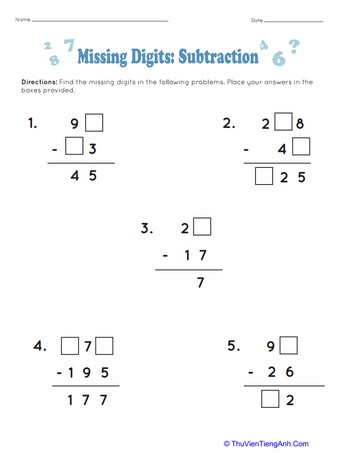 Missing Digits: Subtraction