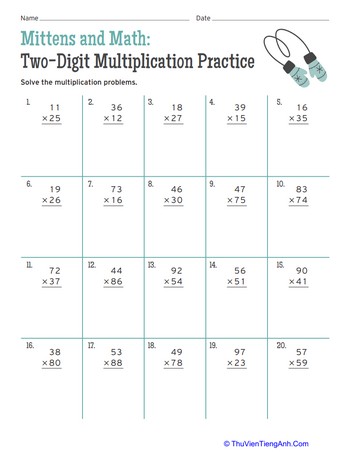 Mittens and Math: Two-Digit Multiplication Practice