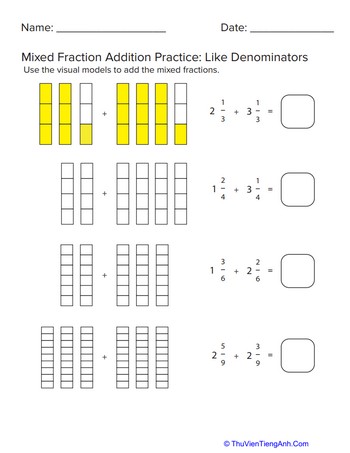 Mixed Fraction Addition With Like Denominators #4