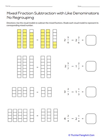 Mixed Fraction Subtraction with Like Denominators: No Regrouping