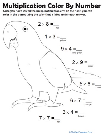 Multiplication Color by Number: Parrot 1