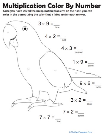 Multiplication Color by Number: Parrot 3