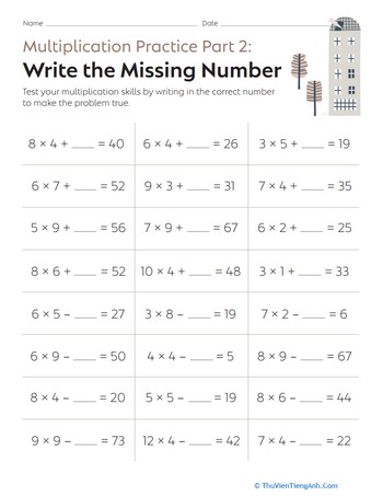 Multiplication Practice Part 2: Write the Missing Number