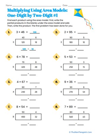 Multiplying Using Area Models: One-Digit by Two-Digit #1
